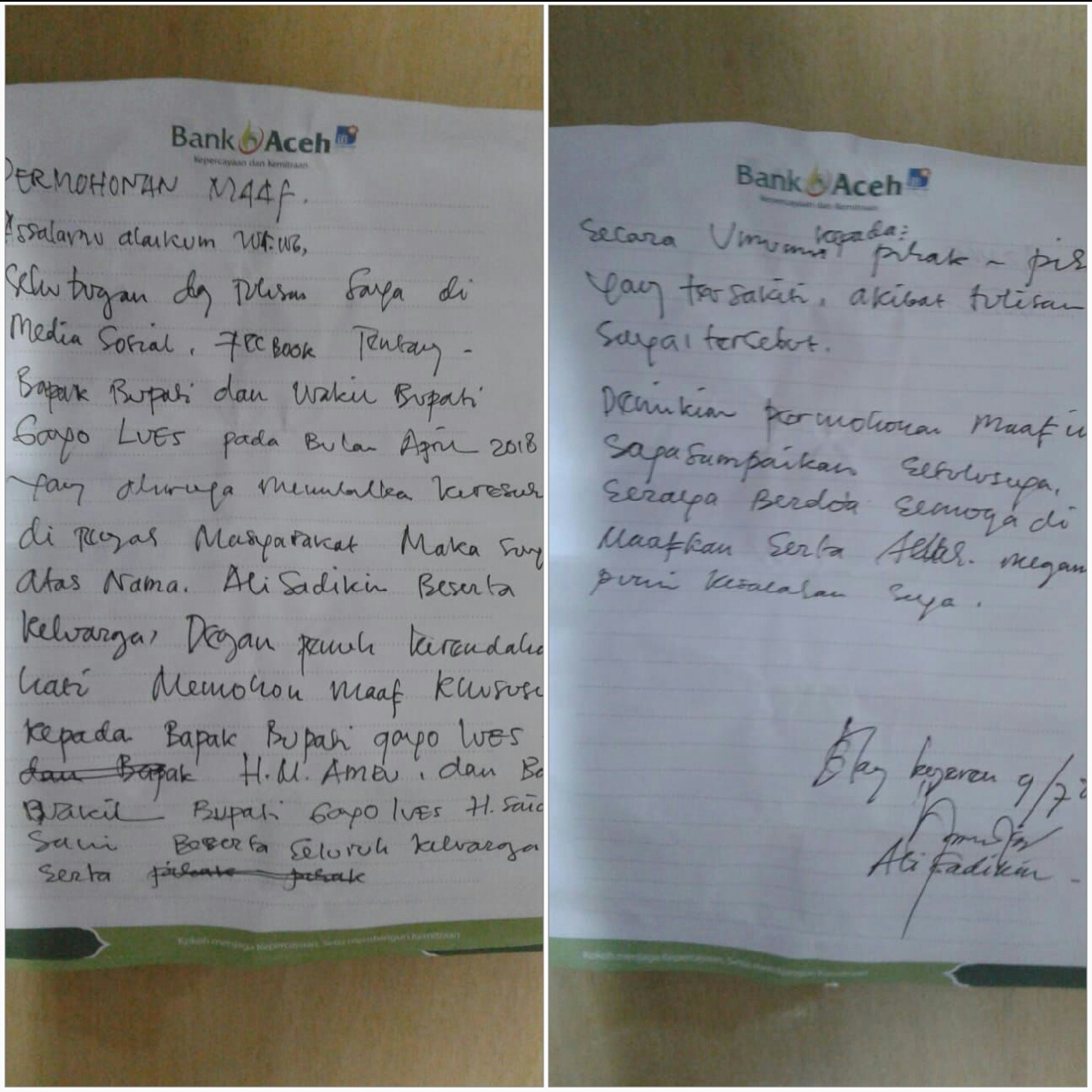 Ali Sadikin Meminta Maaf Ke Bupati, Wakil Bupati dan Jajaran SKPK Gayo Lues 