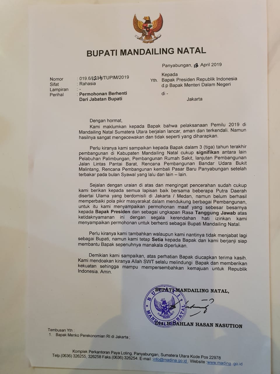 Bupati Madina Mengundurkan Diri Dari Jabatan Bupati