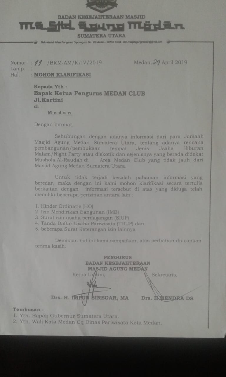 BKM Mesjid Agung Minta Klarifikasi Medan Club,Terkait Dugaan Lokasi Hiburan Malam