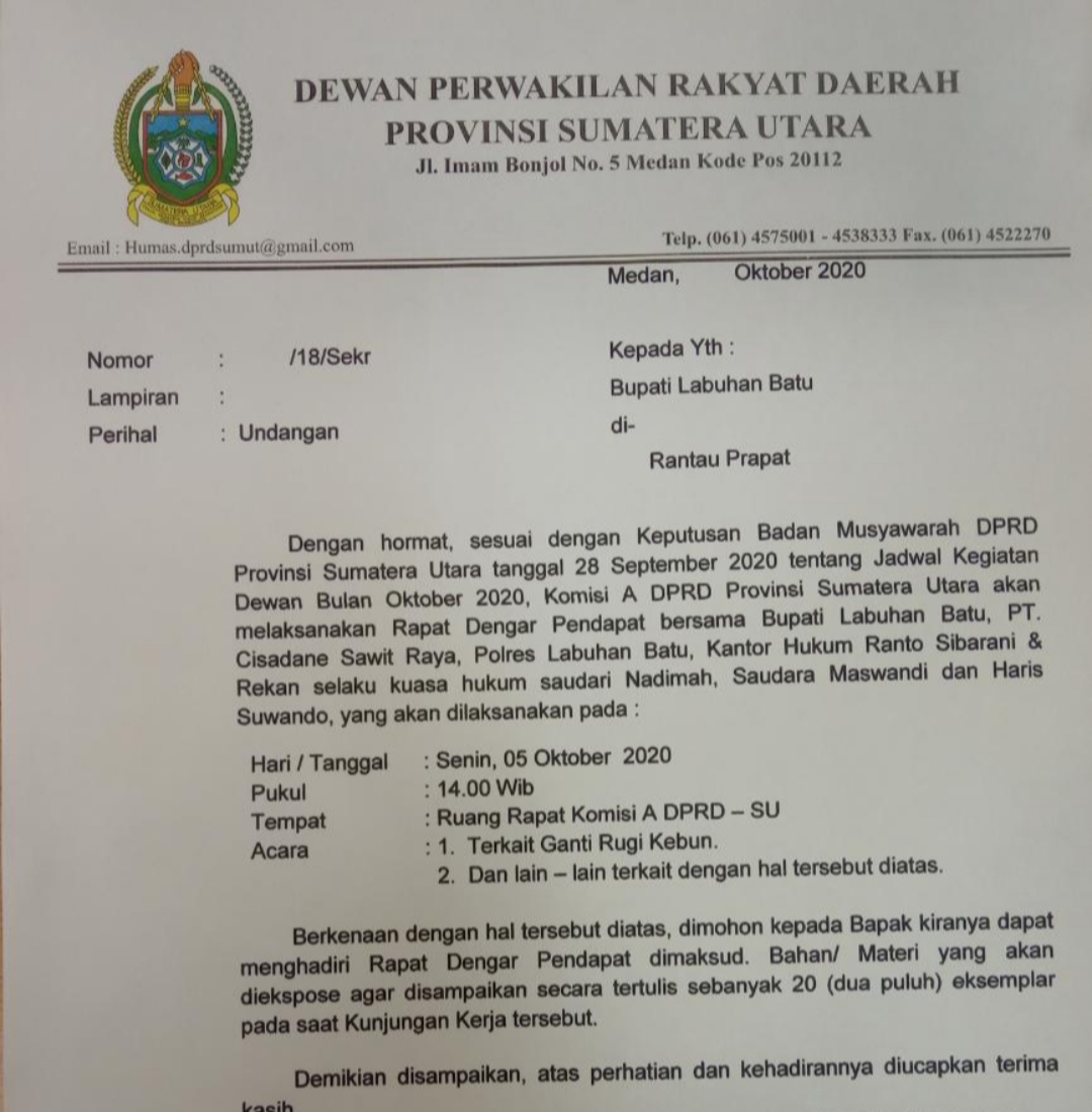 Soal Ganti Rugi Kebun, Bupati Labuhan Batu Akan Diundang DPRD Sumut