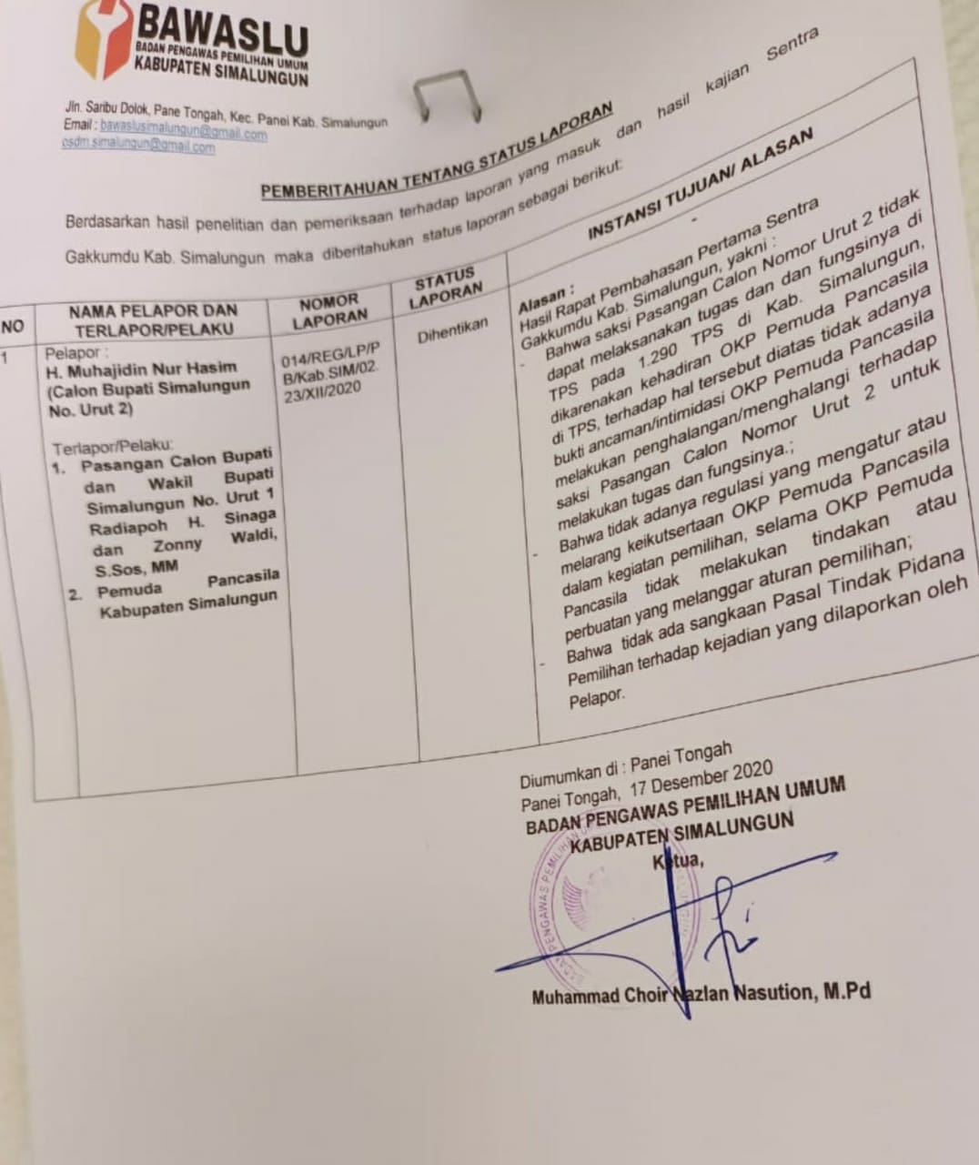 Tidak Penuhi Unsur Pidana, Laporan Paslon No 2 Pilkada Simalungun Dihentikan Bawaslu