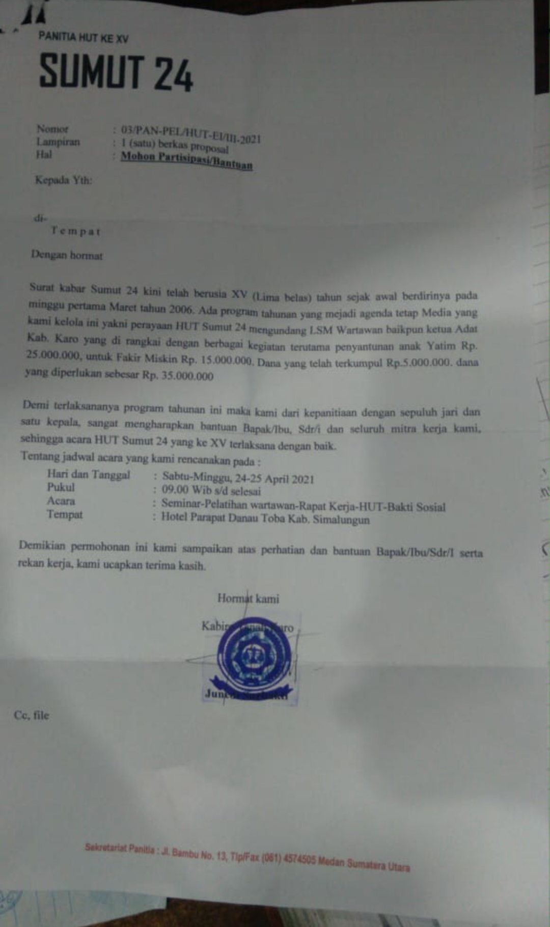 Ceo Sumut24 Group Rianto : Pencatut Pengedar Surat Permohonan Bantuan HUT Sumut24 Akan Kita Lapor