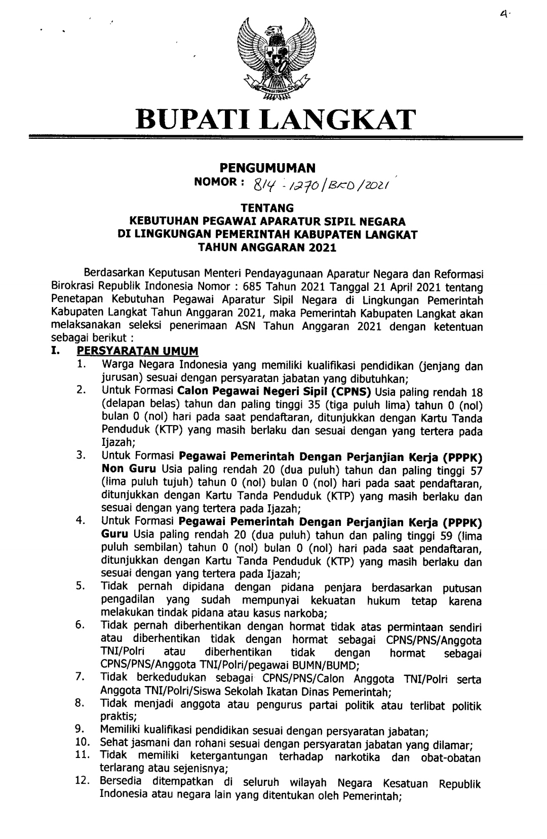 Pemkab Langkat Membuka 20 CPNS dan 380 PPPK