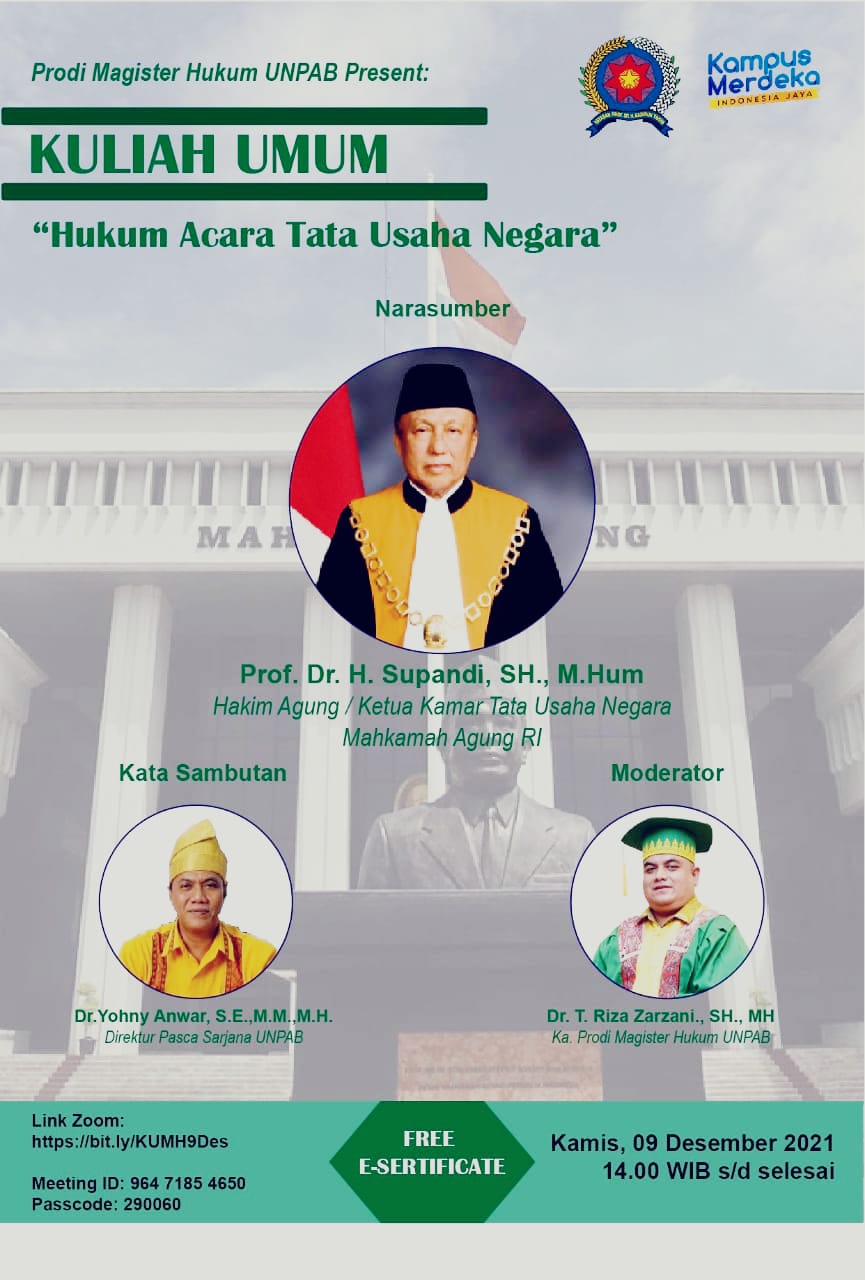Prodi Magister Hukum UNPAB Gelar Kuliah Umum Dengan Hakim Agung RI Prof Supandi Secara Virtual