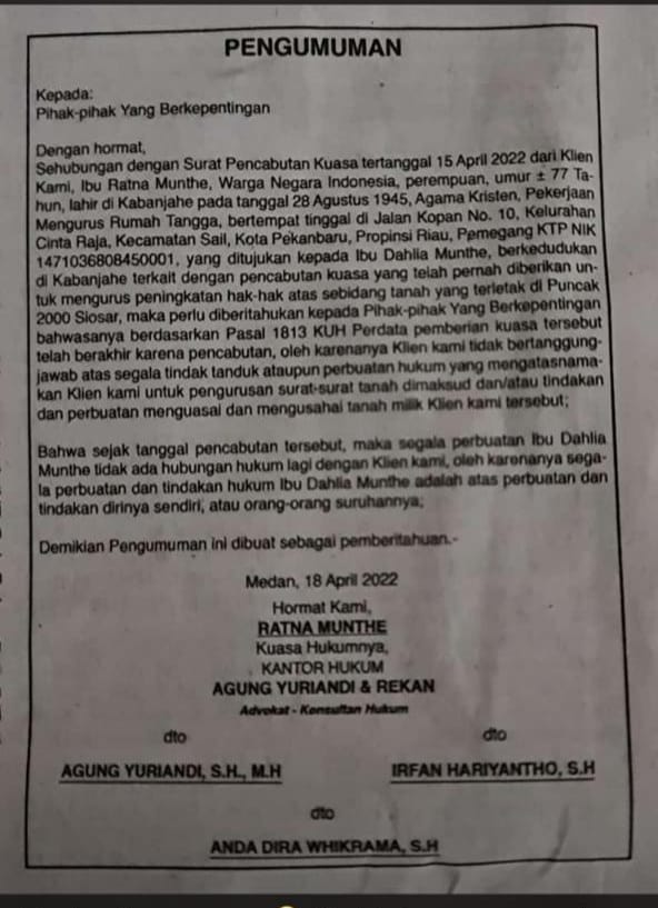 Tidak Ada Tumpang Tindih Lahan, PT BUK  Apresiasi Ratna Munthe Beserta Keluarga