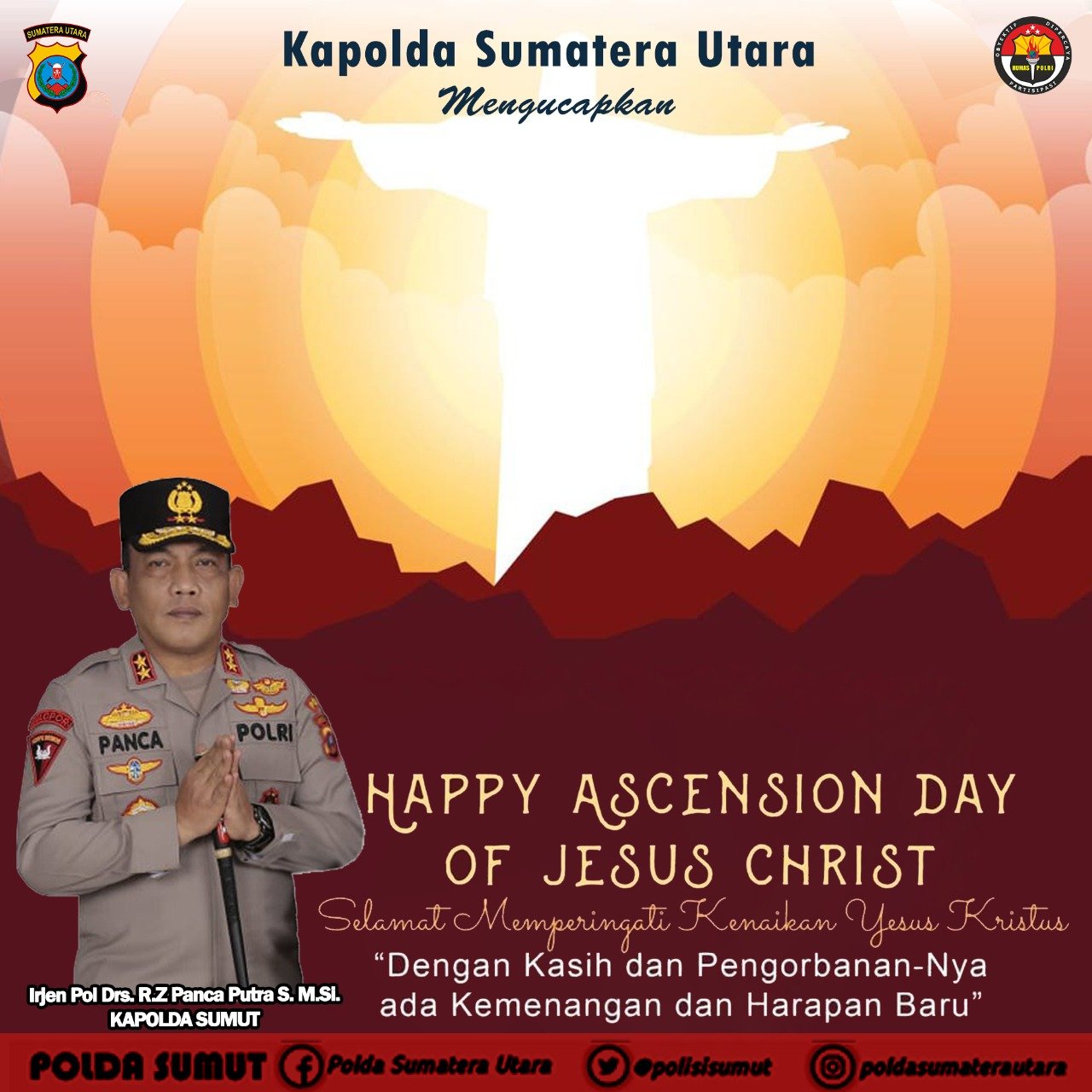 Kapolda Sumut Ucapkan Selamat Memperingati Kenaikan Isa Almasih, Ini Pesan  Irjen Pol RZ Panca Putra Simanjuntak