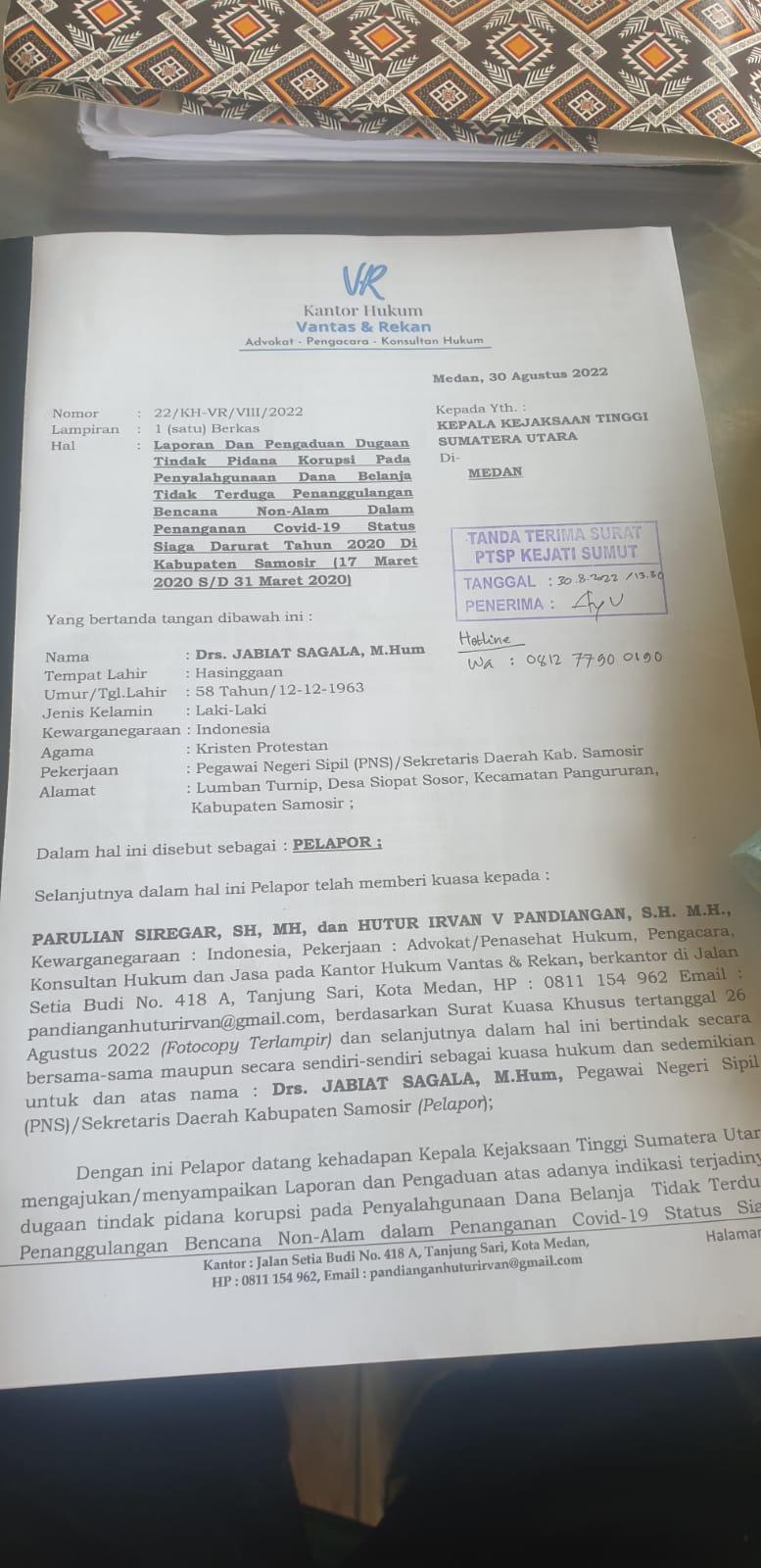 Jabiat Sagala Laporkan Mantan Bupati Samosir Rapidin Simbolon ke Kejatisu