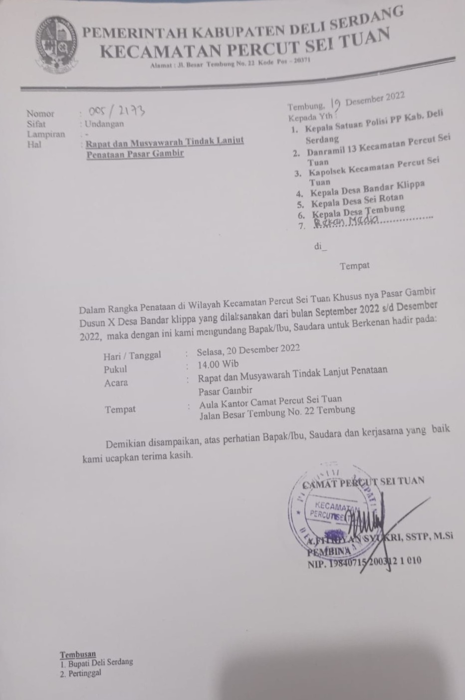 Tindak Lanjut Penataan Pasar Gambir, Muspika Percut Seituan Kembali Menggelar Rapat dan Musyawarah