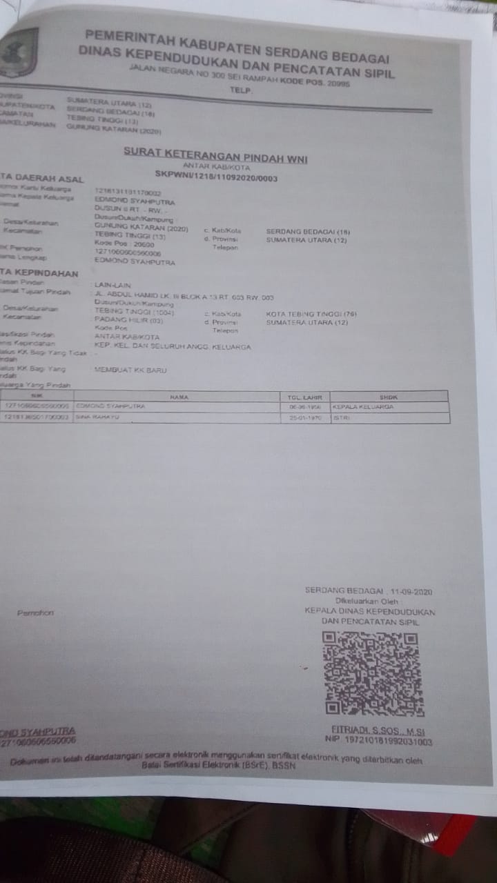 Disdukcapil T. Tinggi Terbitkan KK Edmond Sesuai SKP Dari Sergai,  Kadisdukcapil : tidak benar kami palsukan dokumen