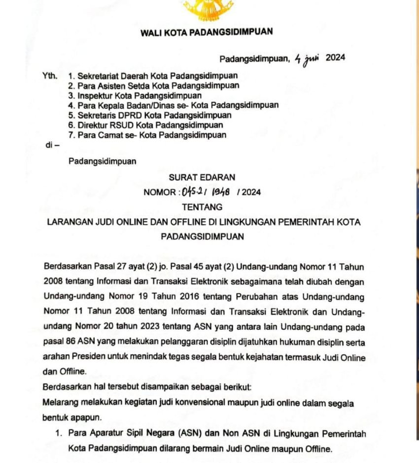 Pemko Padangsidimpuan Keluarkan Surat Edaran Larangan Judol & Offline