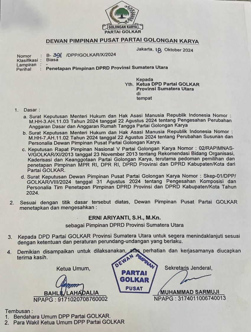 DPP Partai Golkar Rekomendasi Erni Ariyanti Sitorus  Ketua DPRD Sumut 2024-2029