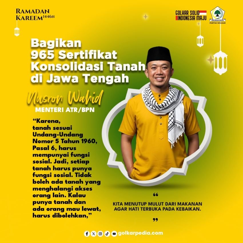 Menteri ATR/BPN Nusron Wahid Bagikan 965 Sertifikat Konsolidasi Tanah di Jawa Tengah
