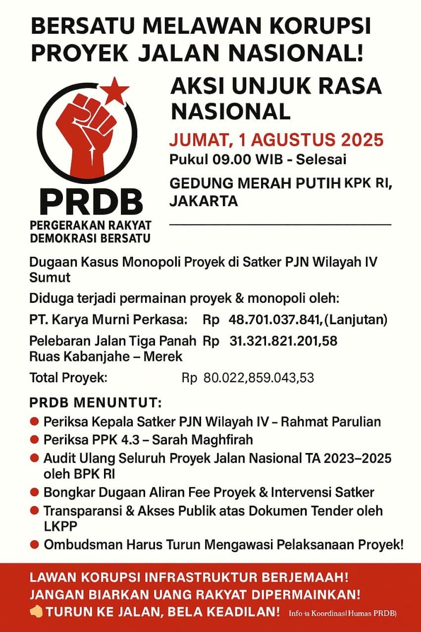 "Jumat Keramat": PRDB Desak KPK Usut Tuntas Dugaan Monopoli Proyek di PJN Wilayah IV Sumut