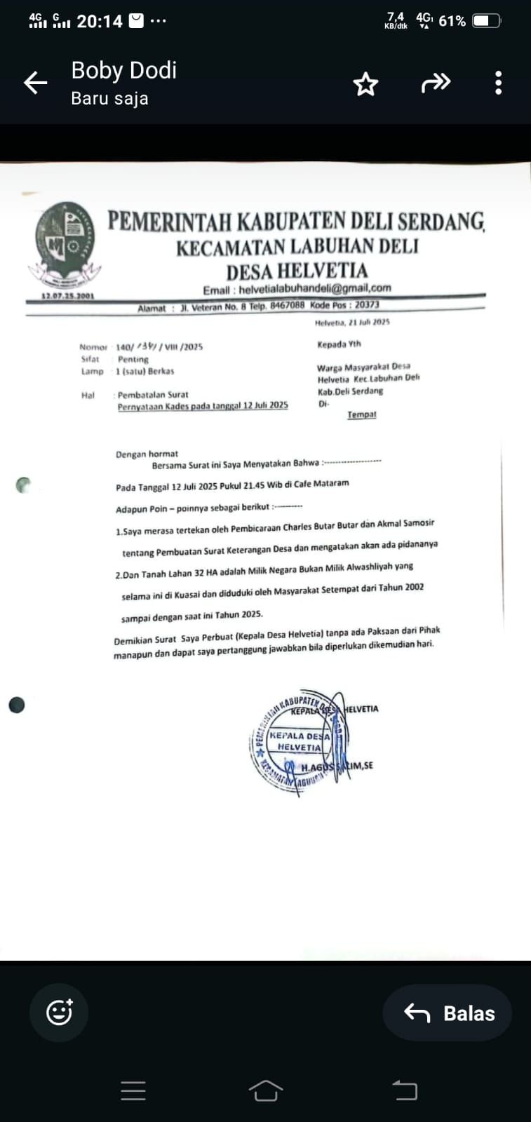 Kades Helvetia Diduga Menggunakan Jabatan Sesuka Hati, Aktivis 98 Minta Copot Jabatan Kades Helvetia