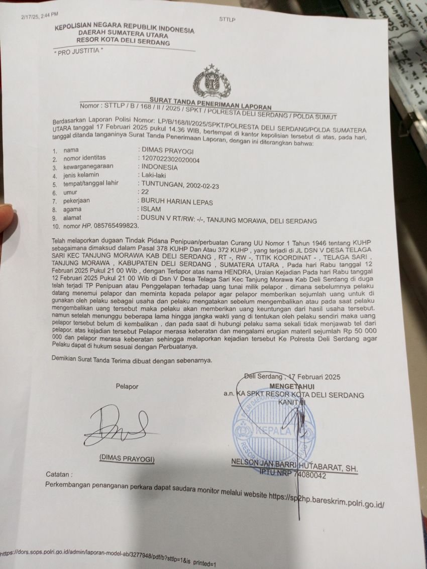 Kasus Penipuan Rp50 Juta Tujuh Bulan Mandek di Polres Deli Serdang
