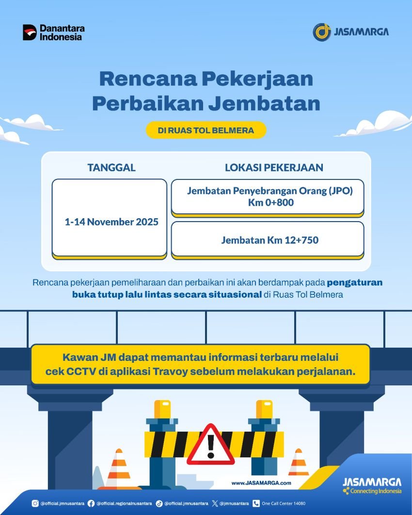 Tingkatkan Kualitas Layanan, JNT Lanjutkan Pemeliharaan Jembatan di Ruas Tol Belmera