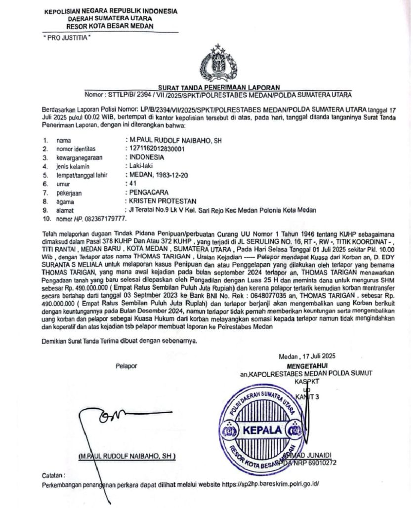 Pengkapan Pelaku Dugaan Penipuan '& Penggelapan Thomas Tarigan,WKI :Polrestabes Tolak Penangguhan