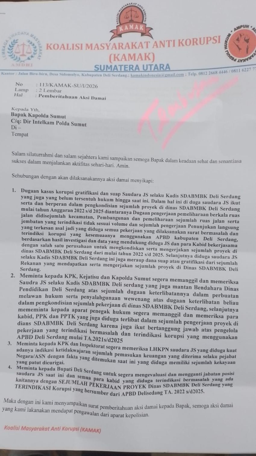 KAMAK Sumut Akan Gelar Aksi Dua Hari, Desak Penegak Hukum Periksa Dugaan Korupsi di Dinas SDABMBK Deli Serdang
