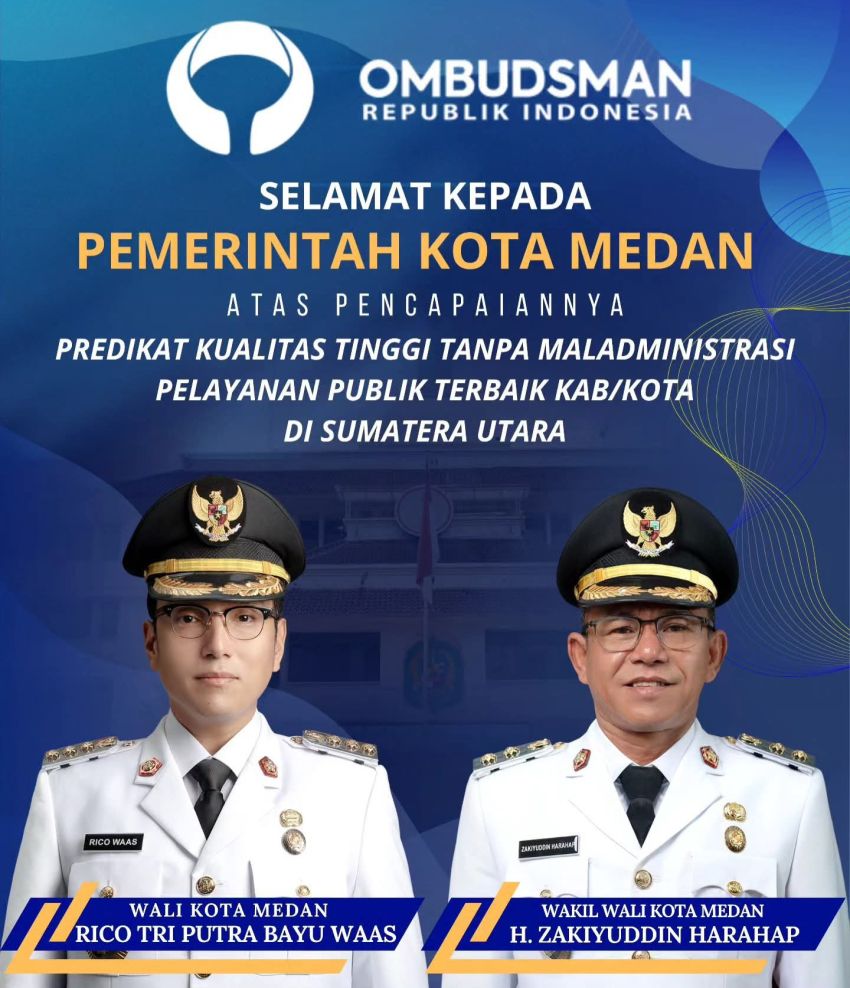 Pemko Medan Raih Predikat Pelayanan Publik Terbaik se-Sumut dari Ombudsman RI
