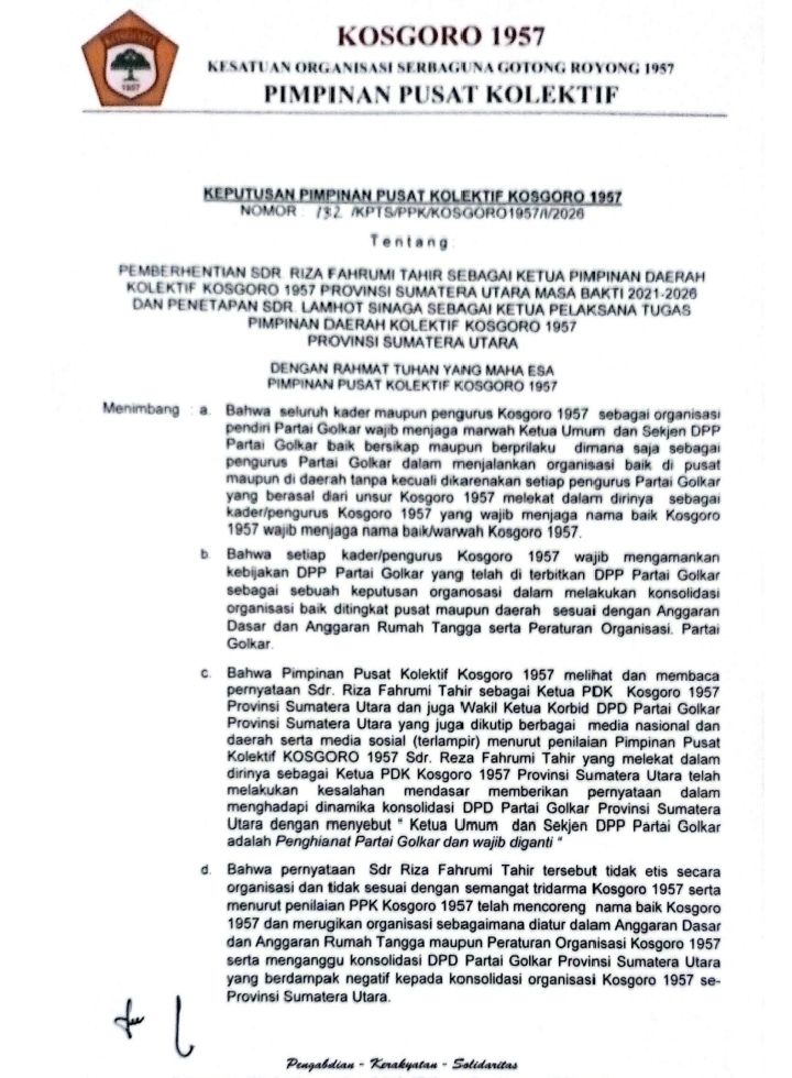 PPK KOSGORO 1957 Copot Ketua PDK Sumut, Tunjuk Lamhot Sinaga sebagai Plt