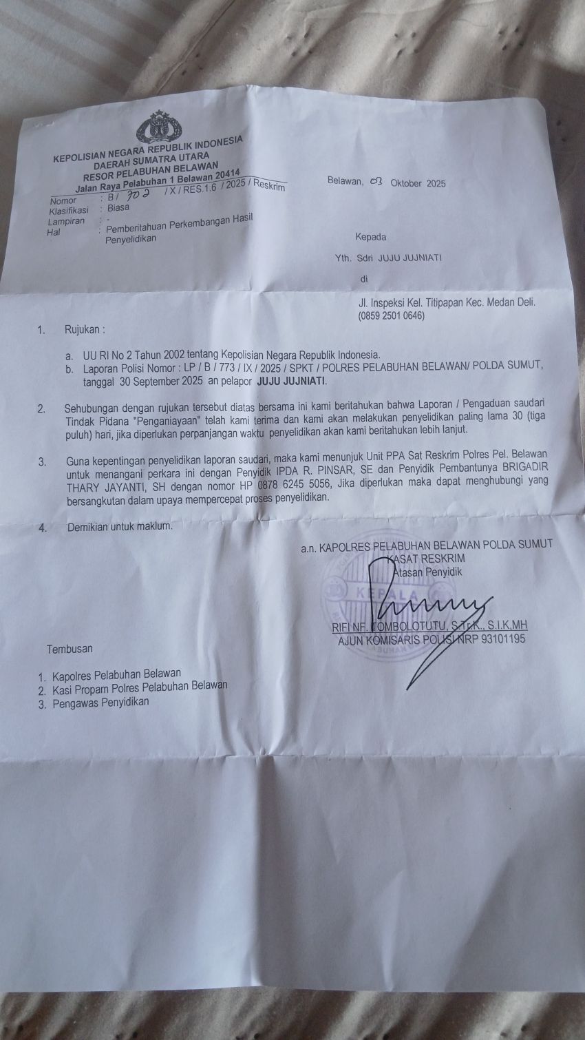 Wanita Korban Penganiayaan Petrus Minta Penyidik Unit PPA Polres Pelabuhan Belawan Profesional