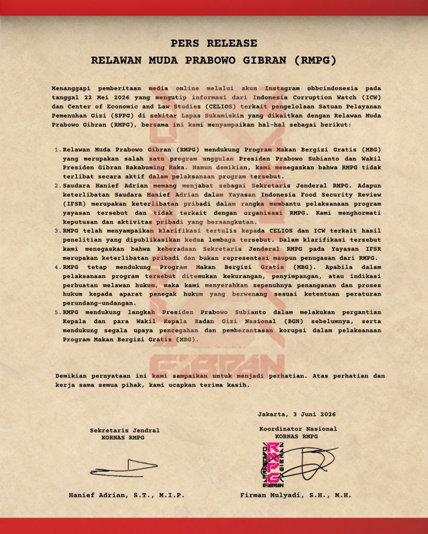 RMPG Tegaskan Tak Terlibat Pengelolaan SPPG, Keterlibatan Hanief Adrian Bersifat Pribadi