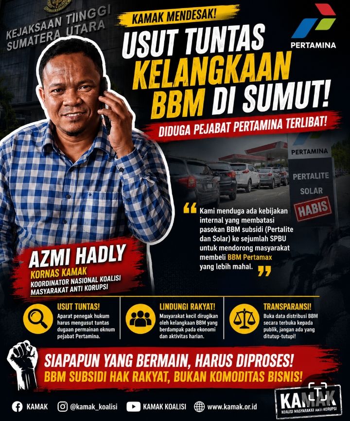 KAMAK Minta Aparat Usut Kelangkaan BBM di Sumut, Kornas Azmi Hadly: Diduga Ada Permainan Oknum Pejabat Pertamina